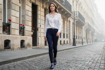 Femme portant des chaussures Oxford bleues cobalt sur un trottoir parisien en pavés