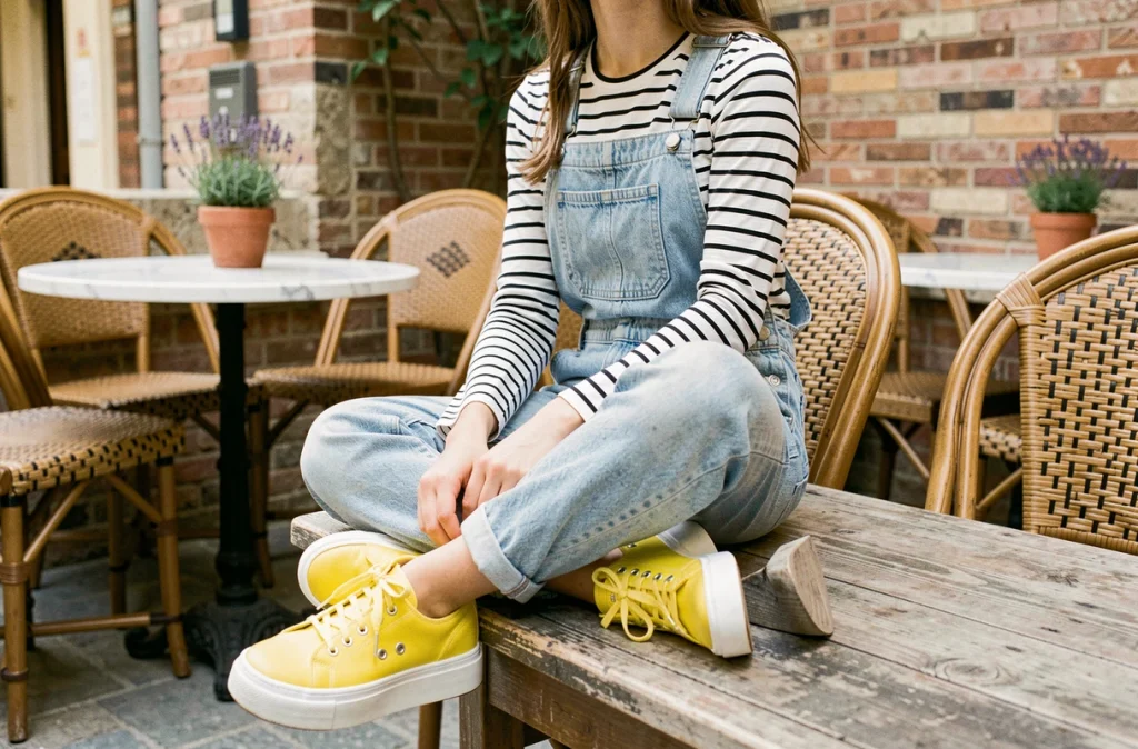 Jeune femme portant des sneakers plateformes jaune vif sur une terrasse de café en plein air