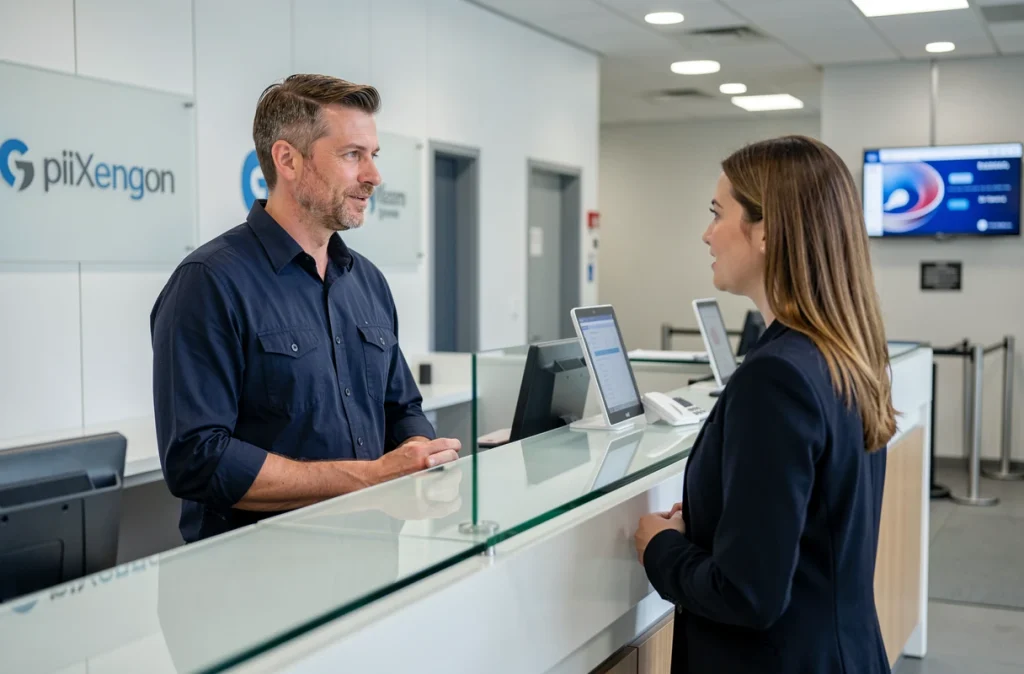 Client discutant de la réduction de ses frais bancaires avec un conseiller en agence
