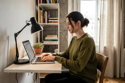 Femme travaillant à un bureau compact aménagé dans un coin de petit appartement parisien avec étagères murales et décoration minimaliste