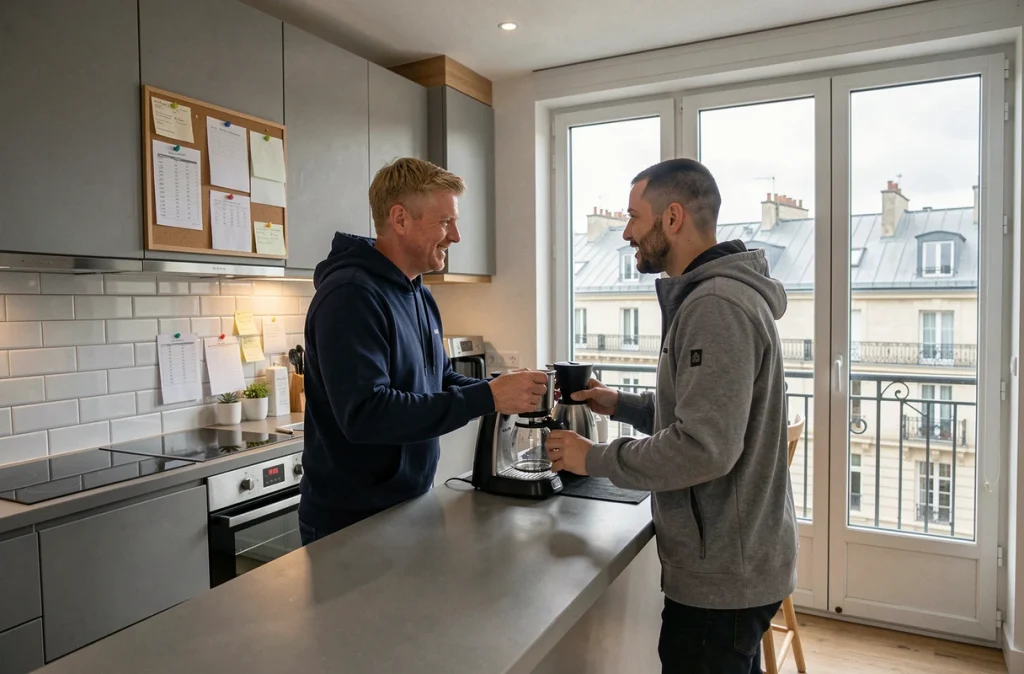 Deux colocataires préparant le café ensemble dans la cuisine commune d'une résidence de coliving en France