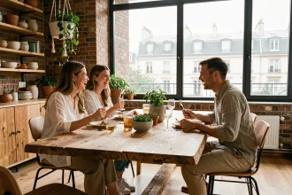 Trois colocataires partageant un repas convivial autour d'une grande table en bois dans un espace de coliving moderne à Paris