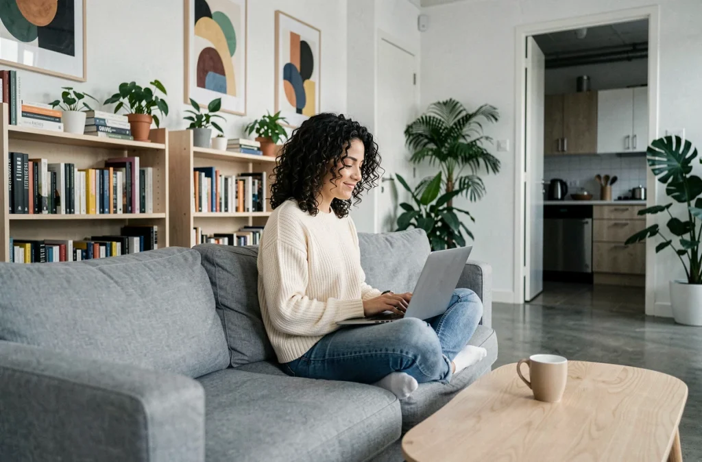 Jeune femme travaillant sur son ordinateur portable dans le salon commun d'un espace de coliving contemporain