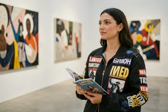 Femme portant une veste streetwear en édition limitée issue d'une collaboration entre artiste et marque, dans une galerie d'art contemporain