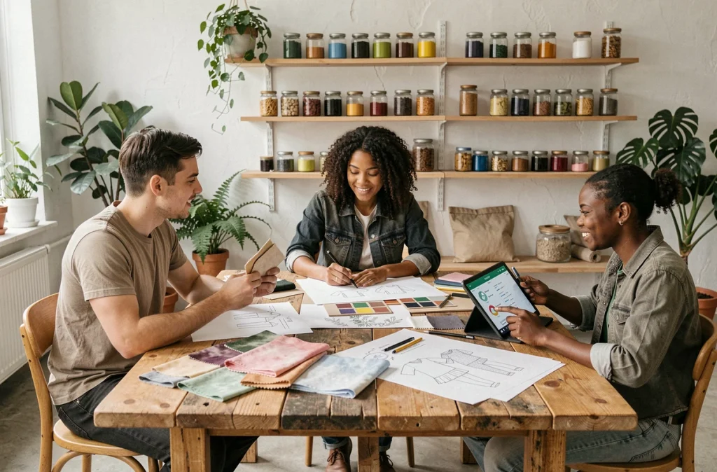 Groupe de jeunes créateurs collaborant sur une collection de mode durable avec des matériaux recyclés et des planches d'inspiration
