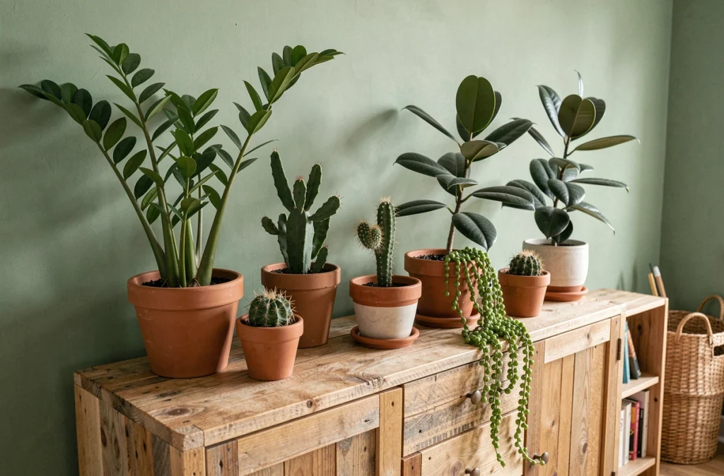 Collection de plantes d'intérieur faciles d'entretien comme le ZZ plant et le cactus dans des pots en terre cuite sur un meuble en bois rustique
