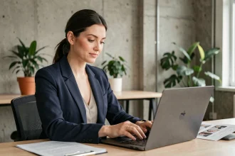 Comédienne professionnelle consultant son portfolio de casting sur ordinateur dans un espace de travail moderne