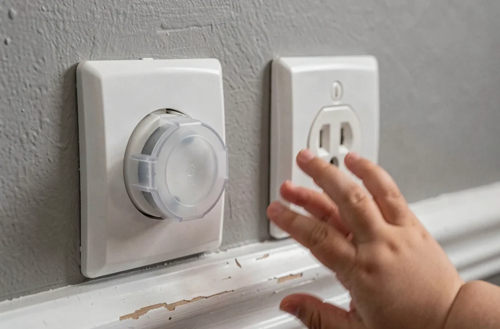 Comparaison prise électrique sécurisée et non sécurisée avec mains d'enfant en approche