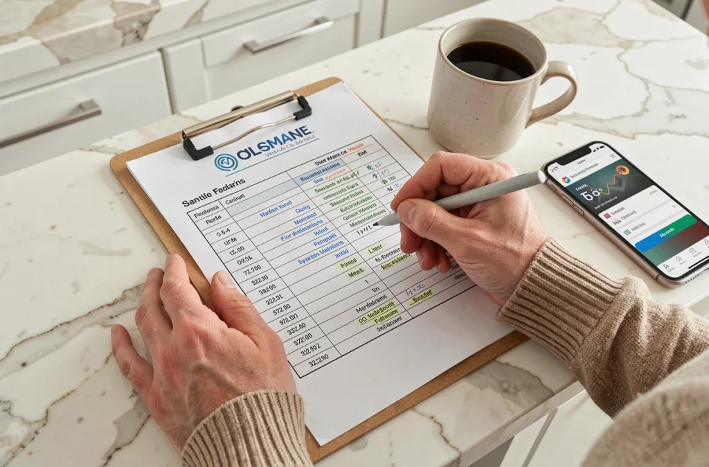 Mains annotant un tableau comparatif entre assurance vie et plan épargne retraite sur un comptoir de cuisine moderne