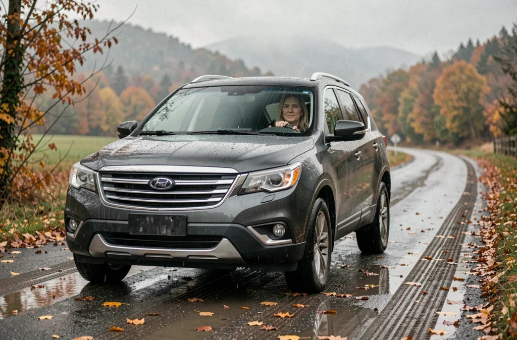 Femme conduisant un SUV sur route mouillée en automne avec des pneus quatre saisons