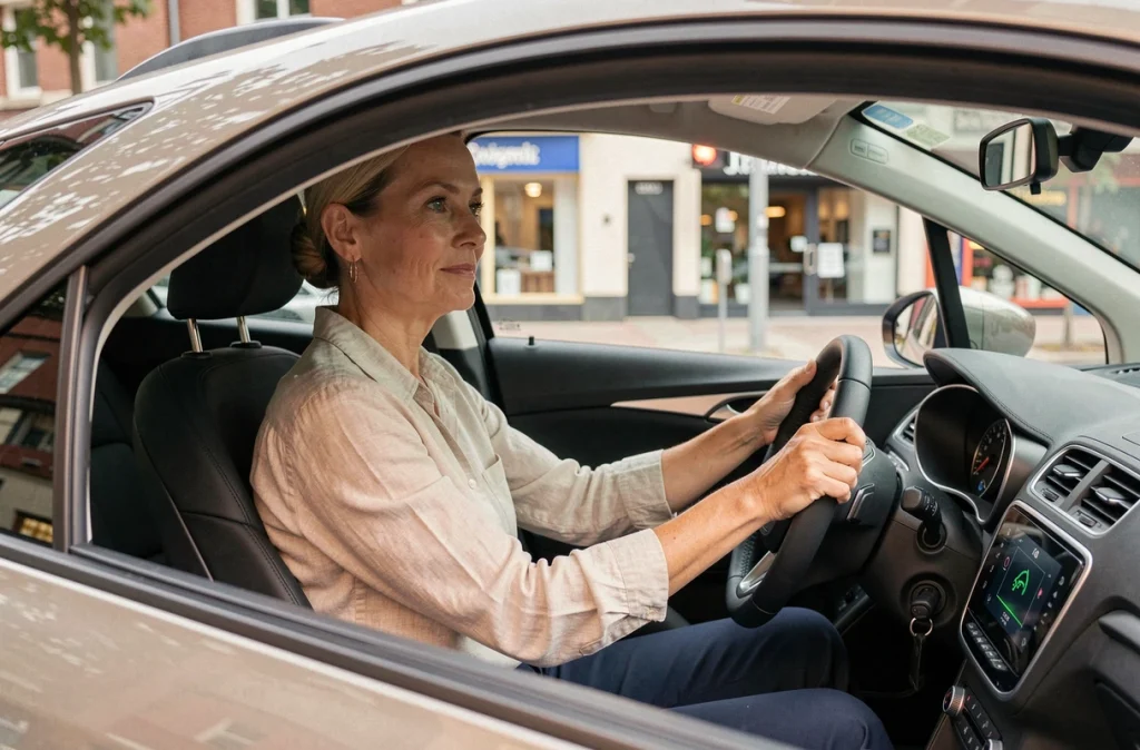 Femme adoptant une conduite souple en ville pour économiser du carburant au quotidien