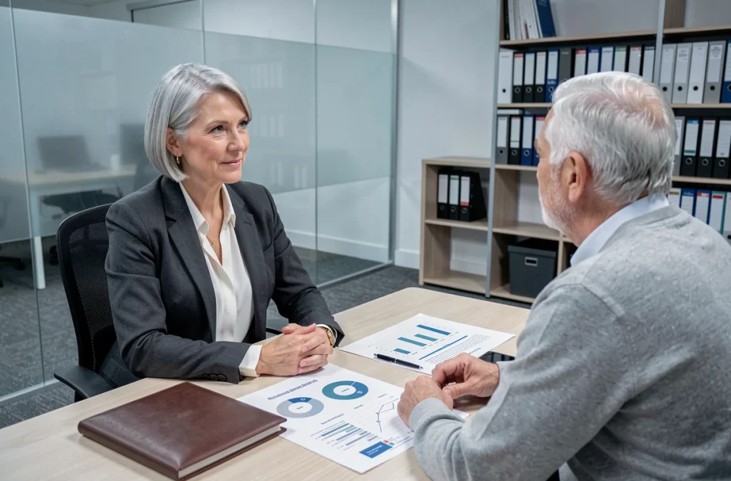 Conseillère financière présentant un plan de retraite à un client dans un bureau moderne