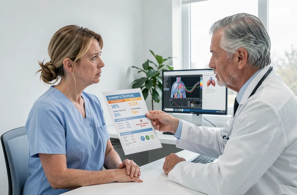 Femme en consultation cardiologique avec un médecin examinant un tableau nutritionnel sur les risques du sucre pour le cœur