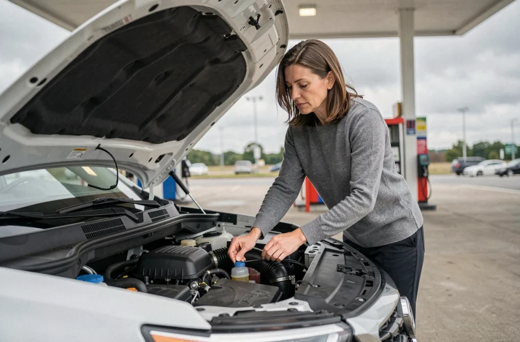 Femme vérifiant le niveau d'huile moteur avant un grand voyage en voiture à une station-service