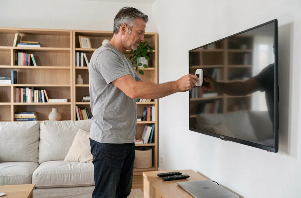Un père installant un contrôle parental sur la télévision du salon familial