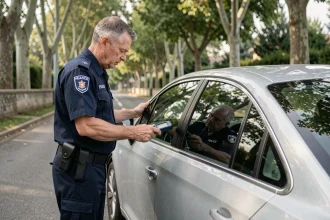 Policier français contrôlant le taux de teinte des vitres d'un véhicule avec un luxmètre lors d'un contrôle routier