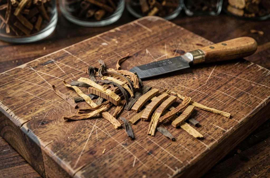 Gros plan sur des coupes inégales de tabac à pipe sur une planche en bois, illustrant les erreurs de coupe courantes