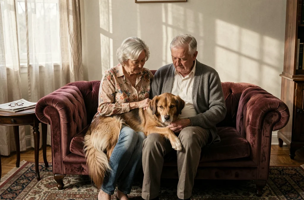 Couple de personnes âgées avec un chien de refuge sur un canapé, illustrant le lien affectif créé par l'adoption d'un animal en famille
