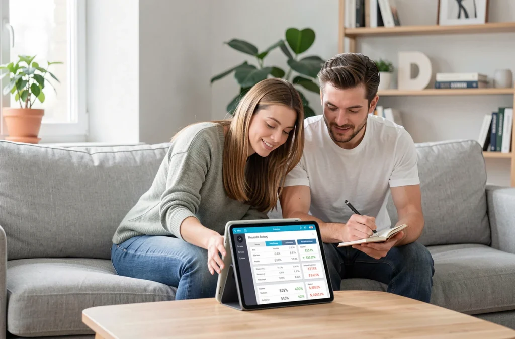Couple planifiant leur budget familial avec une application de finances sur tablette dans leur salon