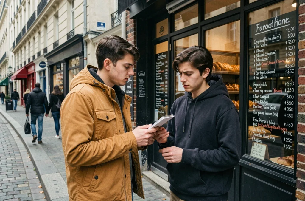 Jeune couple face à la hausse des prix dans une boulangerie parisienne, symbole de l'érosion du pouvoir d'achat en France en 2024