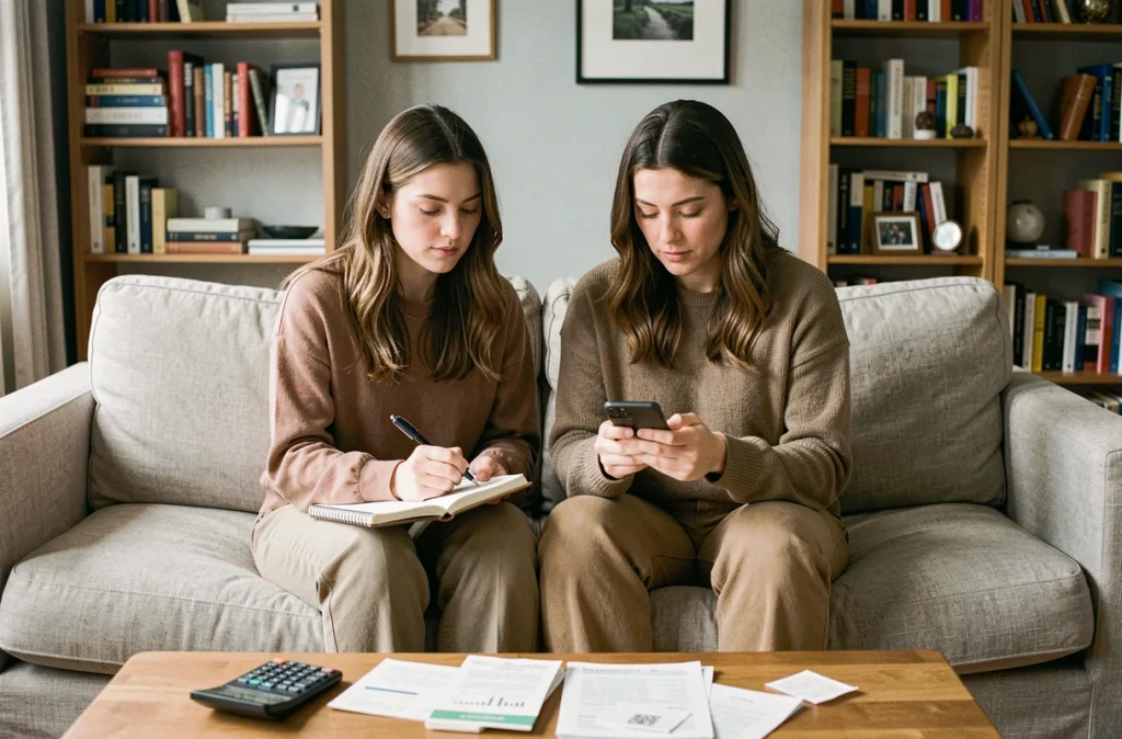 Deux femmes en couple gérant leurs finances personnelles ensemble sur un canapé avec un carnet et un smartphone