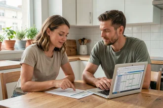 Couple en train de planifier leur budget commun autour d'une table de cuisine avec des documents financiers et un ordinateur portable