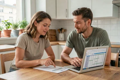 Couple en train de planifier leur budget commun autour d'une table de cuisine avec des documents financiers et un ordinateur portable