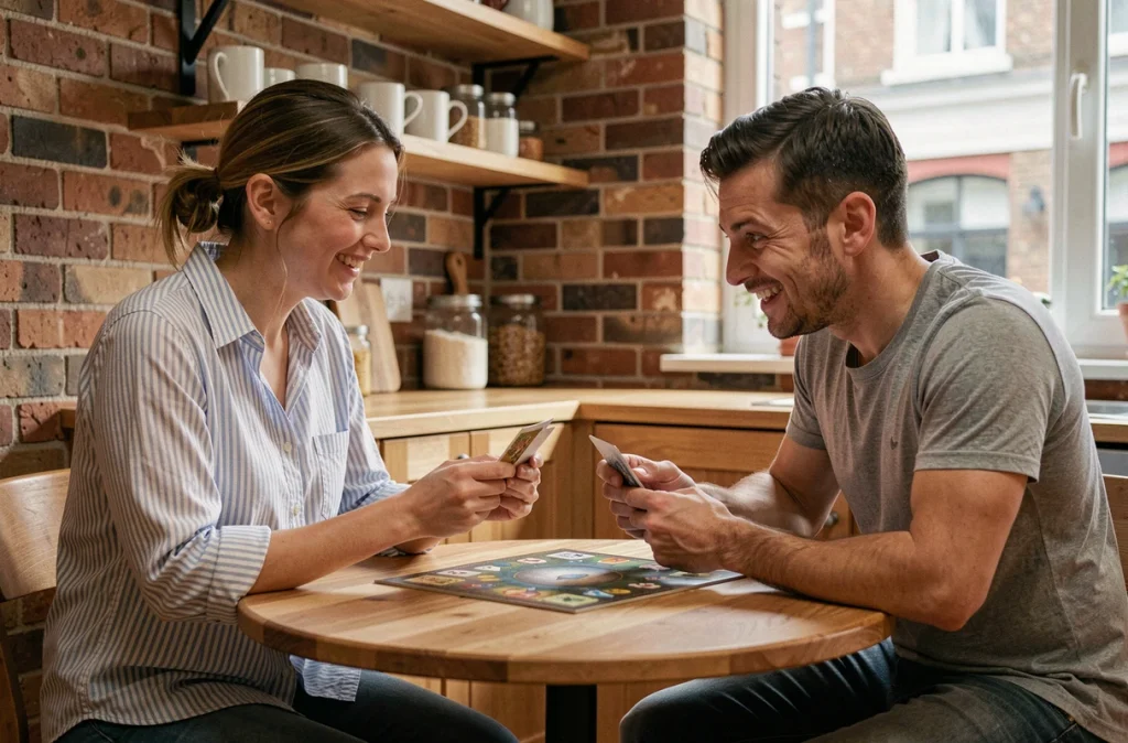 Couple jouant à un jeu de cartes dans une cuisine conviviale avec murs en briques apparentes