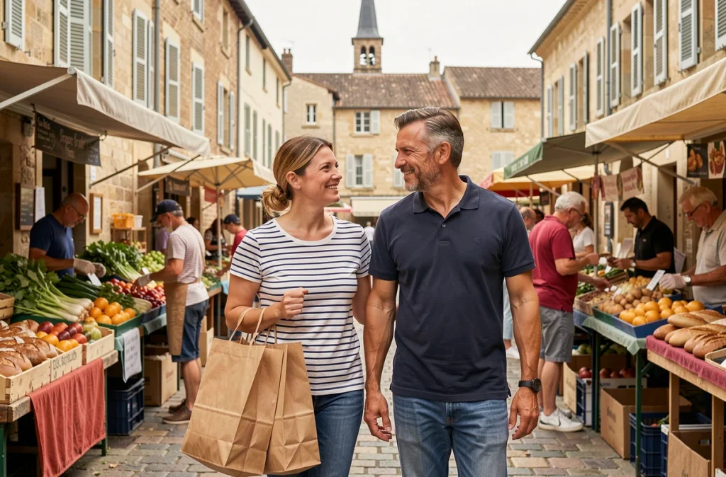 Couple faisant leurs courses au marché d'une ville moyenne, place historique avec architecture régionale