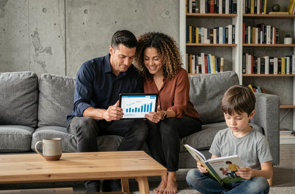 Couple planifiant ensemble l'épargne pour les études de leur fils dans un salon moderne, avec graphiques financiers sur tablette