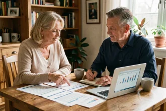 Couple de retraités planifiant leurs finances à la table de cuisine avec des documents et un ordinateur portable