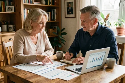 Couple de retraités planifiant leurs finances à la table de cuisine avec des documents et un ordinateur portable