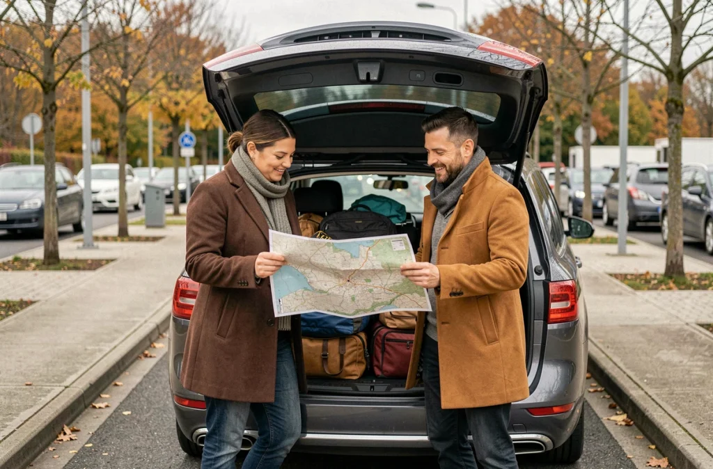 Couple consultant une carte routière au coffre d'une voiture chargée lors d'une pause sur l'autoroute
