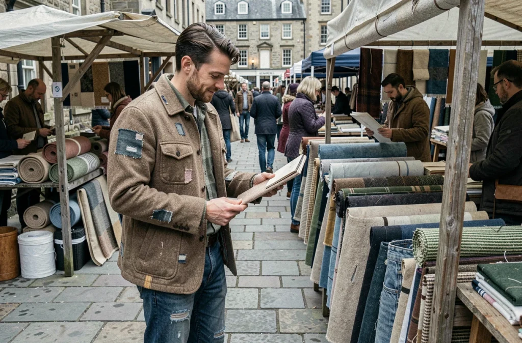 Jeune créateur masculin explorant des tissus durables et recyclés sur un marché de textiles éco-responsables en ville