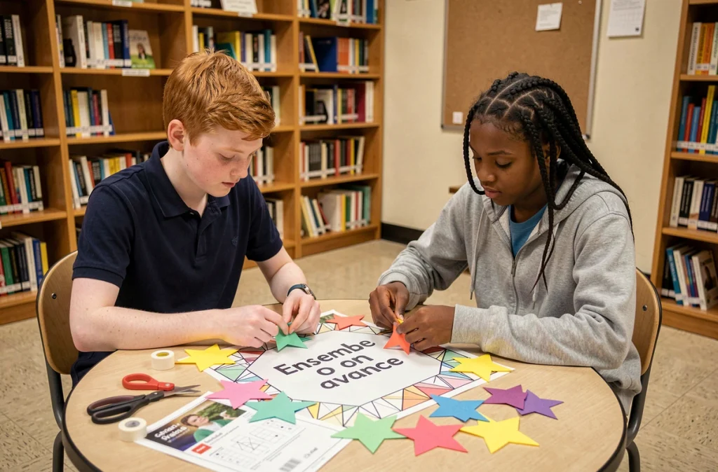 Deux collégiens collaborant à la création d'une affiche de campagne pour l'élection des délégués de classe dans une bibliothèque scolaire