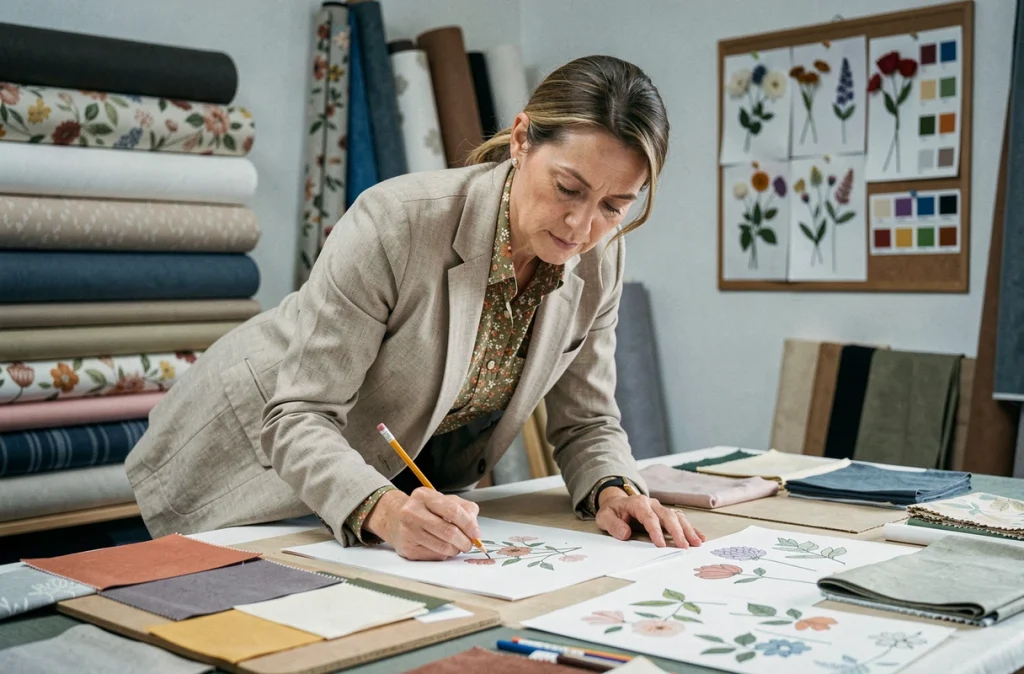 Créatrice de mode travaillant sur des motifs floraux printemps-été dans son atelier, entourée de tissus et de planches tendance botaniques