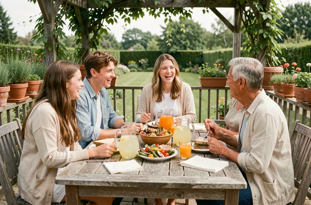 Adolescents et parents partageant un déjeuner convivial en terrasse lors d'un week-end ensoleillé, autour d'une table colorée avec des plats faits maison dans un jardin