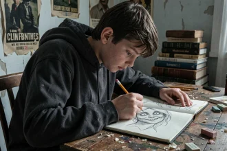 Adolescent dessinant un visage effrayant de creepypasta dans un carnet de croquis sur un bureau encombré