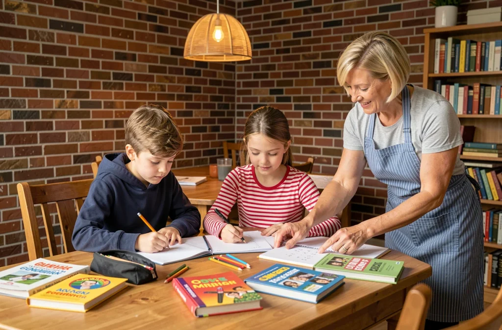 Mère aidant ses enfants à faire leurs devoirs à la table familiale lors de la rentrée scolaire en septembre