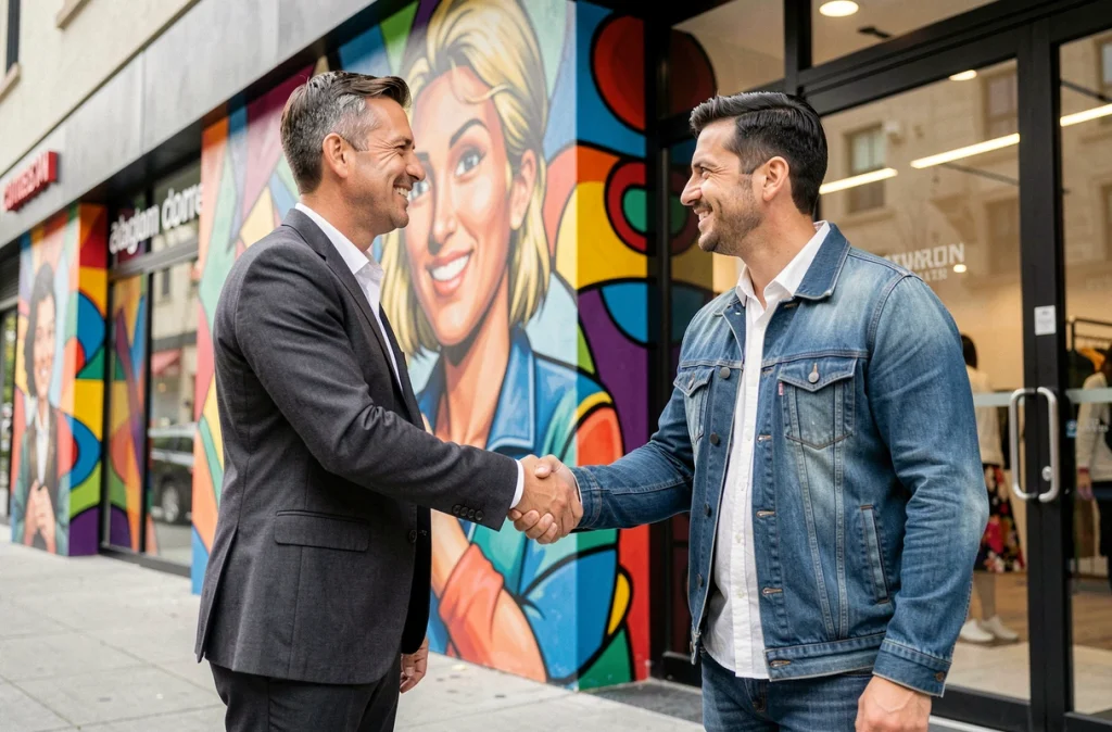 Directeur artistique d'une marque et artiste muraliste se serrant la main devant une fresque géante sur la façade d'un magasin phare