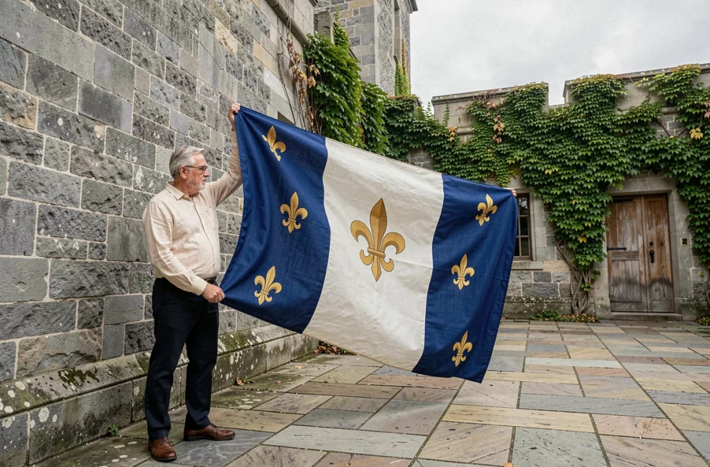 Homme déployant un grand drapeau royal français à fleurs de lis devant un mur de château en pierre lors d'un événement historique