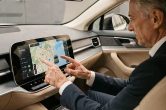 Ingénieur interagissant avec un écran OLED incurvé sur un tableau de bord de voiture électrique moderne