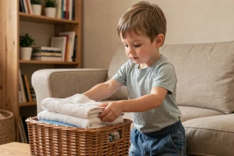 Jeune enfant de 6 ans pliant du linge dans un salon familial, illustrant les responsabilités adaptées à l'âge