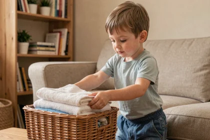 Jeune enfant de 6 ans pliant du linge dans un salon familial, illustrant les responsabilités adaptées à l'âge