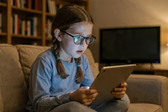Jeune fille assise sur un canapé fixant une tablette de près le soir, illustrant l'impact des écrans sur la vision des enfants
