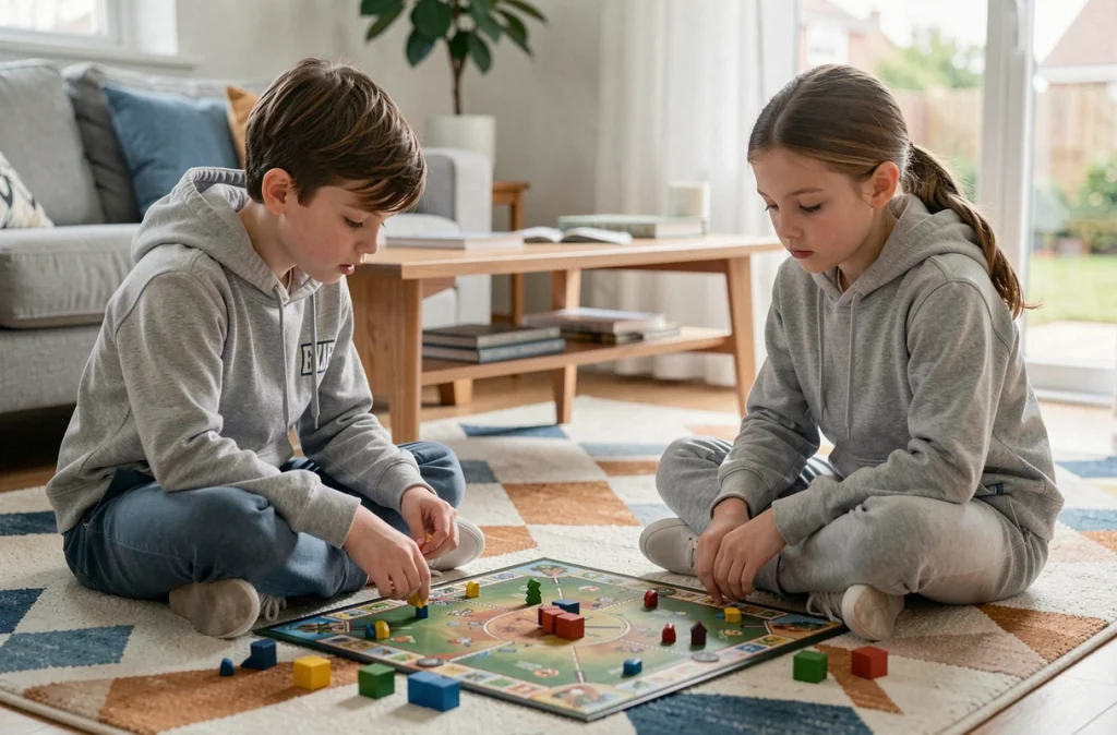 Deux enfants concentrés jouant à un jeu de stratégie coloré sur le tapis du salon