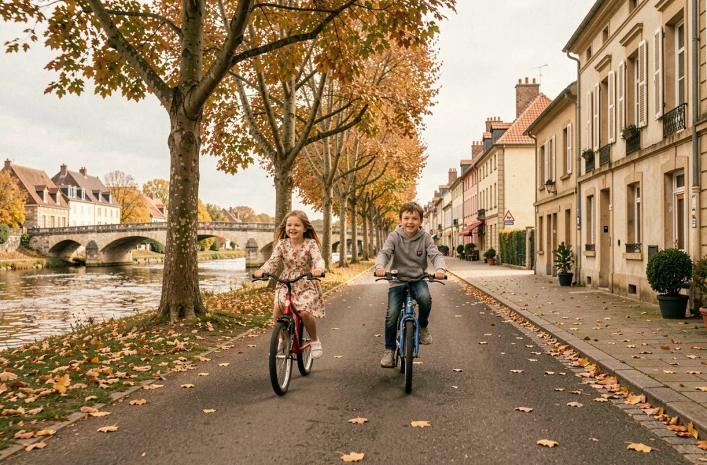 Enfants à vélo sur une piste cyclable le long d'une rivière dans une ville moyenne de province française en automne