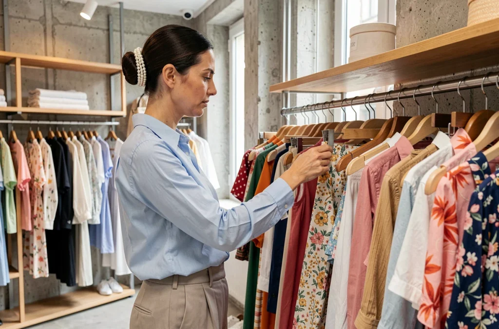 Femme avec une épingle à cheveux en perles dans une boutique parisienne tendance collections estivales
