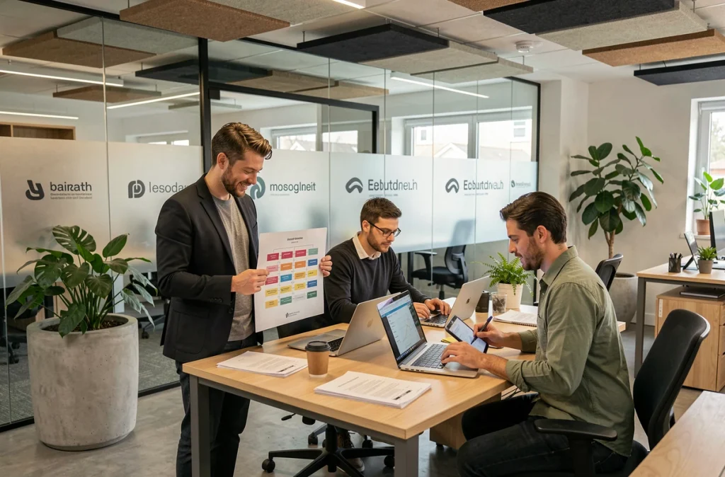 Équipe en espace de coworking hybride discutant de l'organisation interne et du télétravail