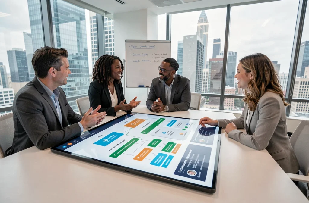 Équipe RH collaborant autour d'une interface d'intelligence artificielle pour optimiser le recrutement et la gestion des talents